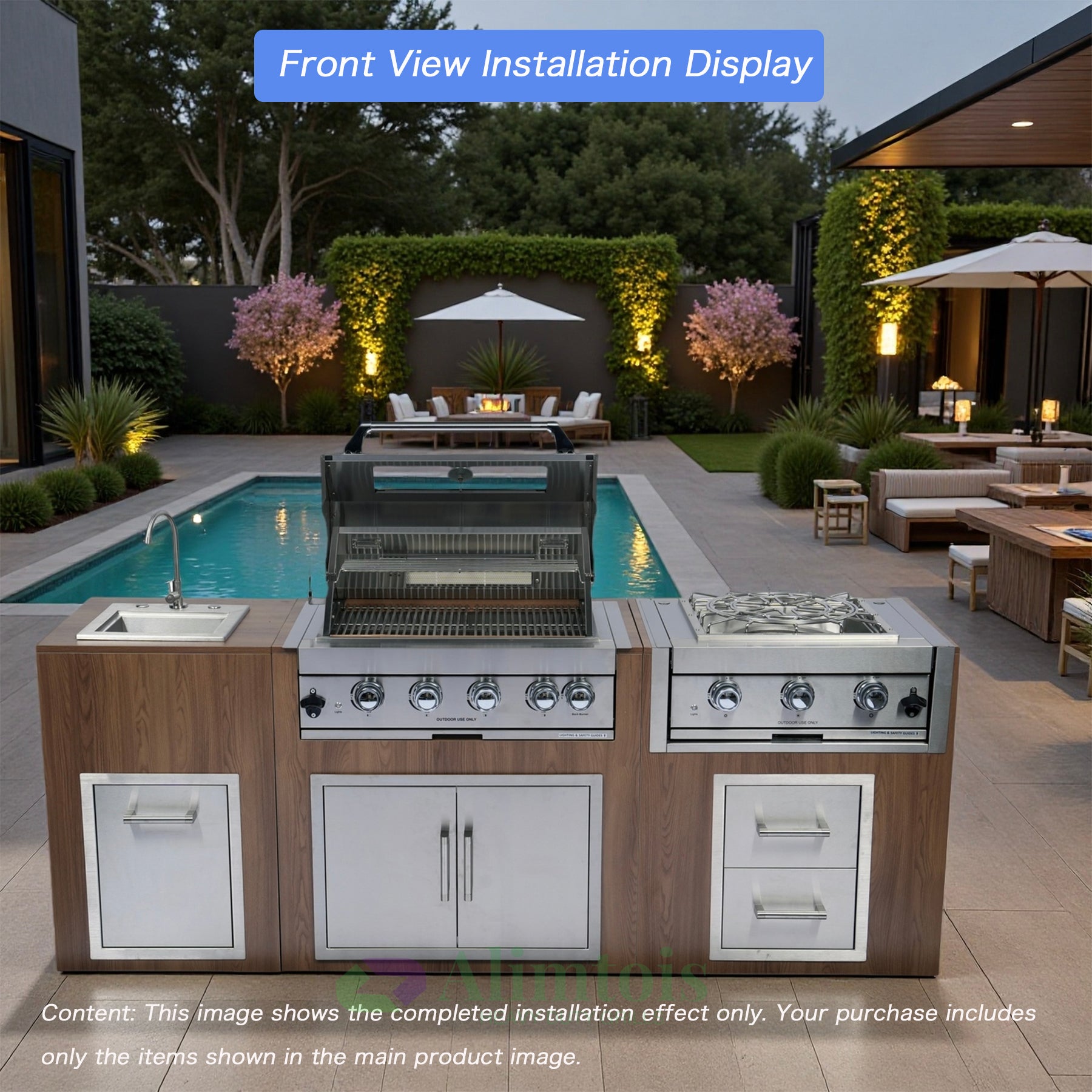 Alimtois Built in Gas Grill Outdoor: 13 pcs Drop in Propane Gas Grills 32 inch BBQ 4 Burner 60000 BTU Stainless Island Barbecue Cooking Station with inserts Sink Drawer Door Rotisserie Kit Complete Set