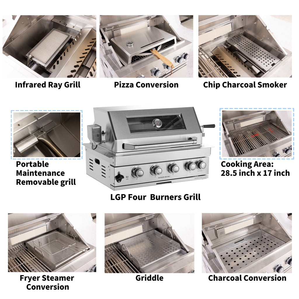 Alimtois Built in Gas Grill Outdoor: 13 pcs Drop in Propane Gas Grills 32 inch BBQ 4 Burner 60000 BTU Stainless Island Barbecue Cooking Station with inserts Sink Drawer Door Rotisserie Kit Complete Set