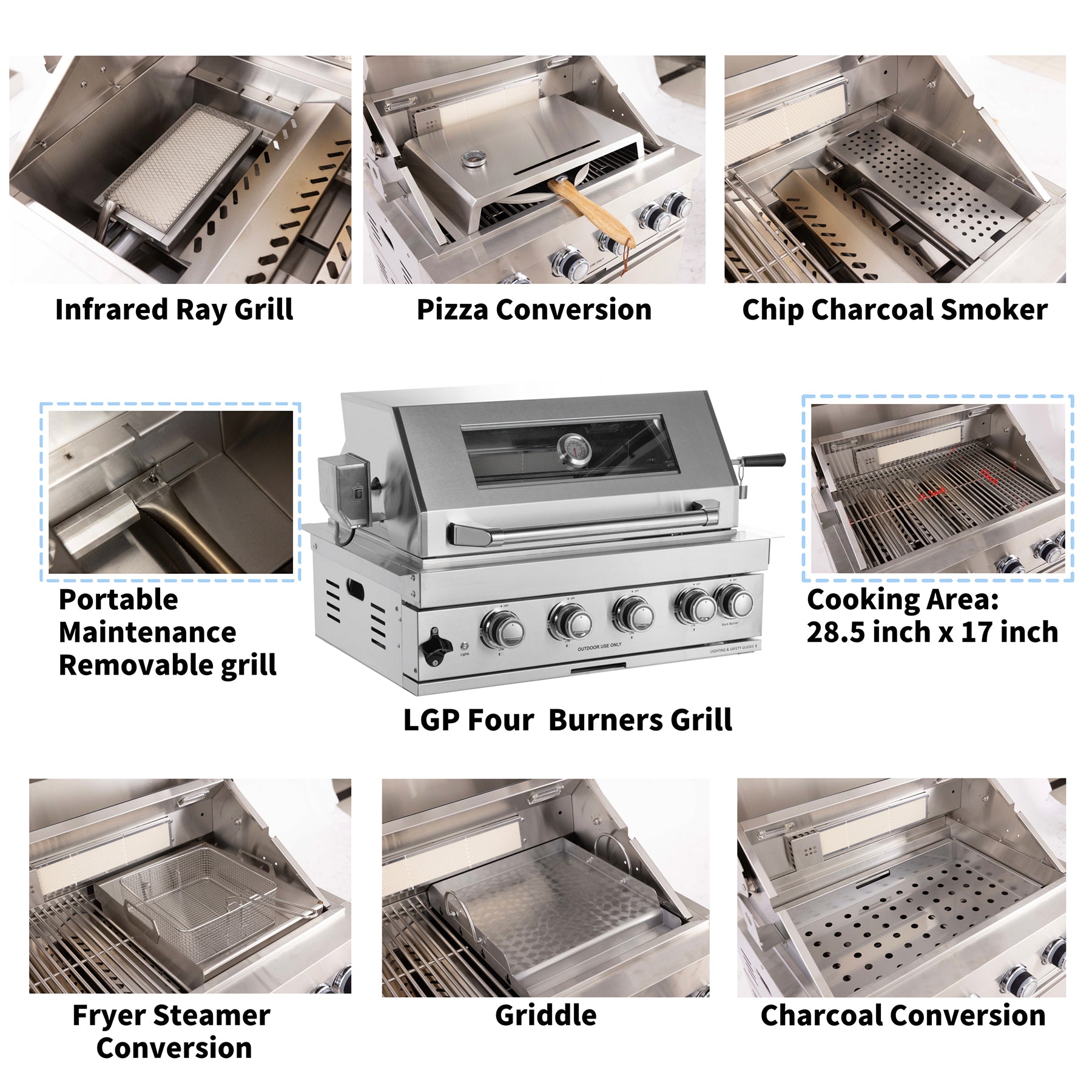 Alimtois Built in Gas Grill Outdoor: 13 pcs Drop in Propane Gas Grills 32 inch BBQ 4 Burner 60000 BTU Stainless Island Barbecue Cooking Station with inserts Sink Drawer Door Rotisserie Kit Complete Set