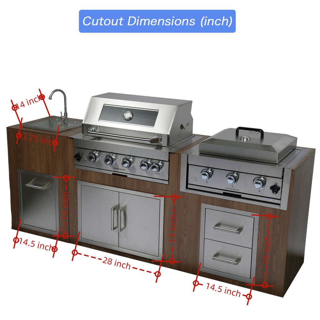 Alimtois Built in Gas Grill Outdoor: 13 pcs Drop in Propane Gas Grills 32 inch BBQ 4 Burner 60000 BTU Stainless Island Barbecue Cooking Station with inserts Sink Drawer Door Rotisserie Kit Complete Set