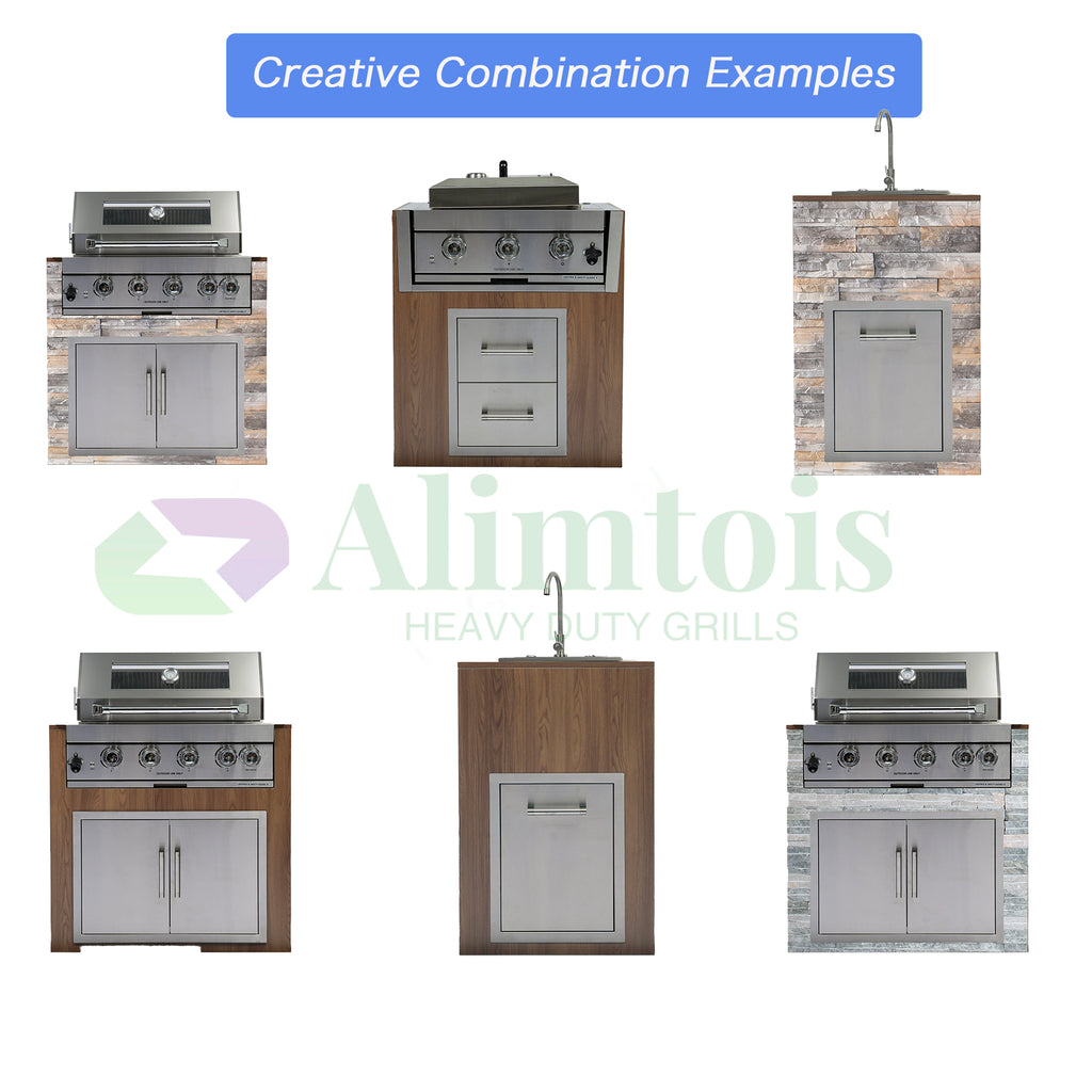 Alimtois Built in Gas Grill Outdoor: 13 pcs Drop in Propane Gas Grills 32 inch BBQ 4 Burner 60000 BTU Stainless Island Barbecue Cooking Station with inserts Sink Drawer Door Rotisserie Kit Complete Set