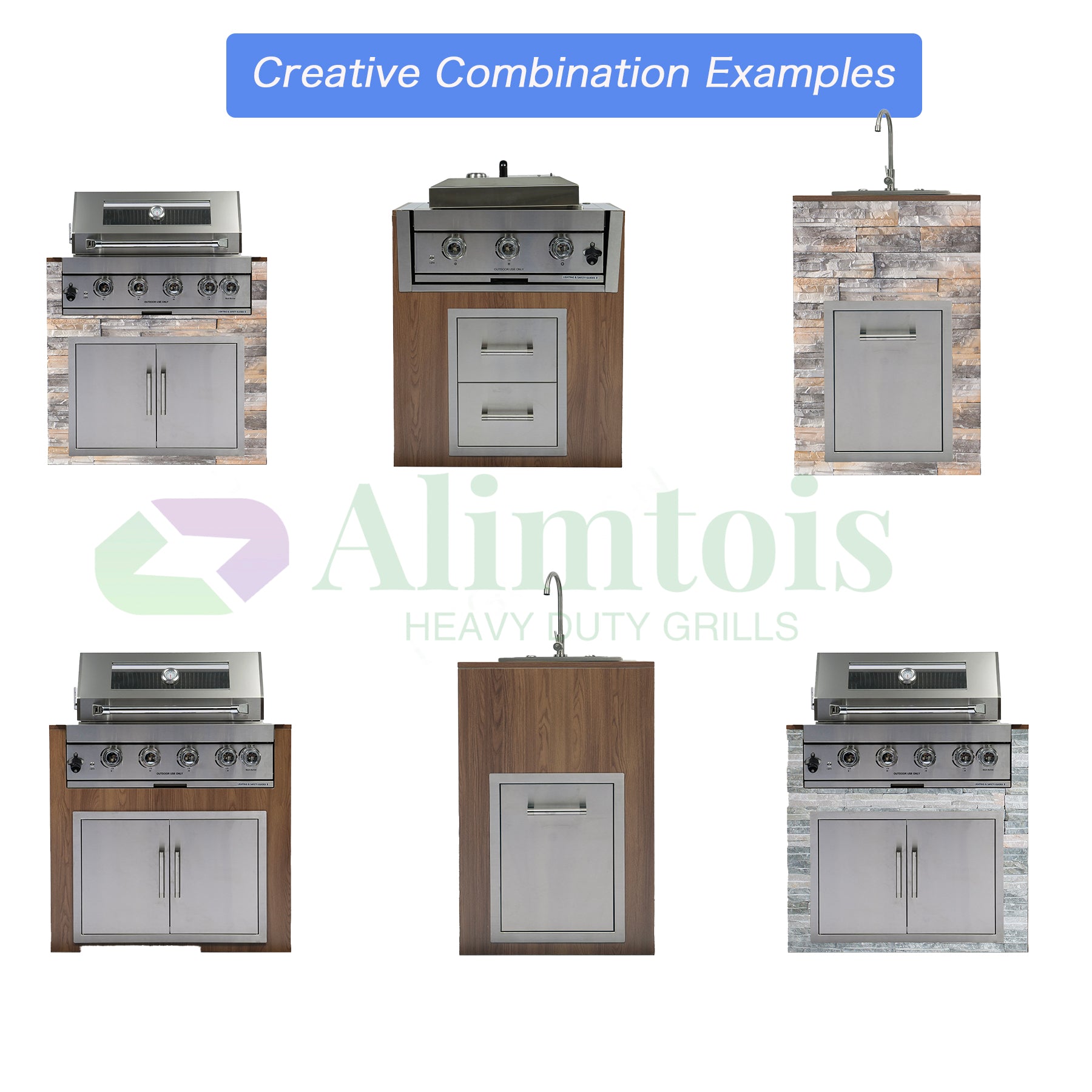 Alimtois Built in Gas Grill Outdoor: 13 pcs Drop in Propane Gas Grills 32 inch BBQ 4 Burner 60000 BTU Stainless Island Barbecue Cooking Station with inserts Sink Drawer Door Rotisserie Kit Complete Set