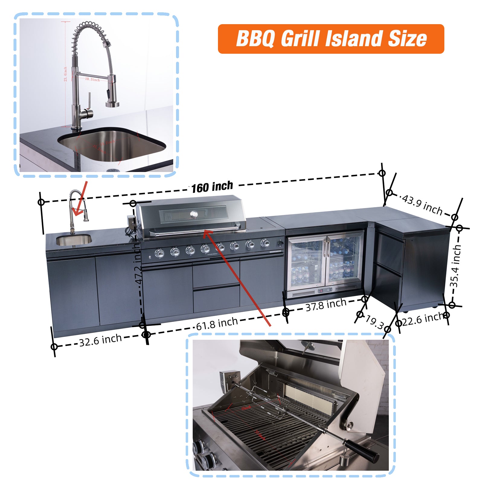 BBQ Grill Island Outdoor Kitchen: Luxury 160 Inch 6-Burner 96000 BTU Stainless Steel Built-in Propane Gas Barbecue Station with Wine Cooler Refrigerator, Rotisserie, Storage Cabinets, Drawers, Sink