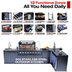BBQ Grill Island Outdoor Kitchen: Luxury 160 Inch 6-Burner 96000 BTU Stainless Steel Built-in Propane Gas Barbecue Station with Wine Cooler Refrigerator, Rotisserie, Storage Cabinets, Drawers, Sink