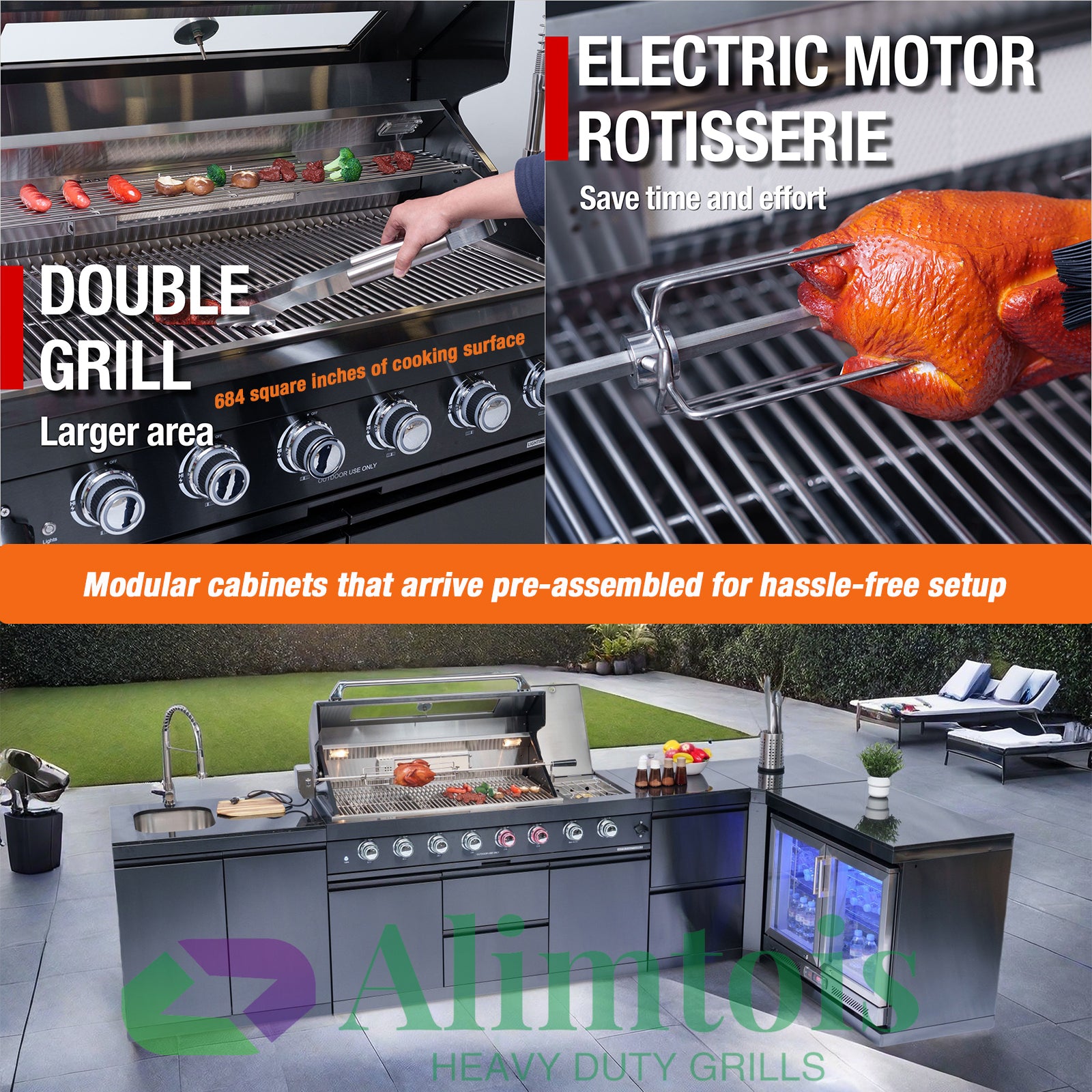 BBQ Grill Island Outdoor Kitchen: Luxury 160 Inch 6-Burner 96000 BTU Stainless Steel Built-in Propane Gas Barbecue Station with Wine Cooler Refrigerator, Rotisserie, Storage Cabinets, Drawers, Sink