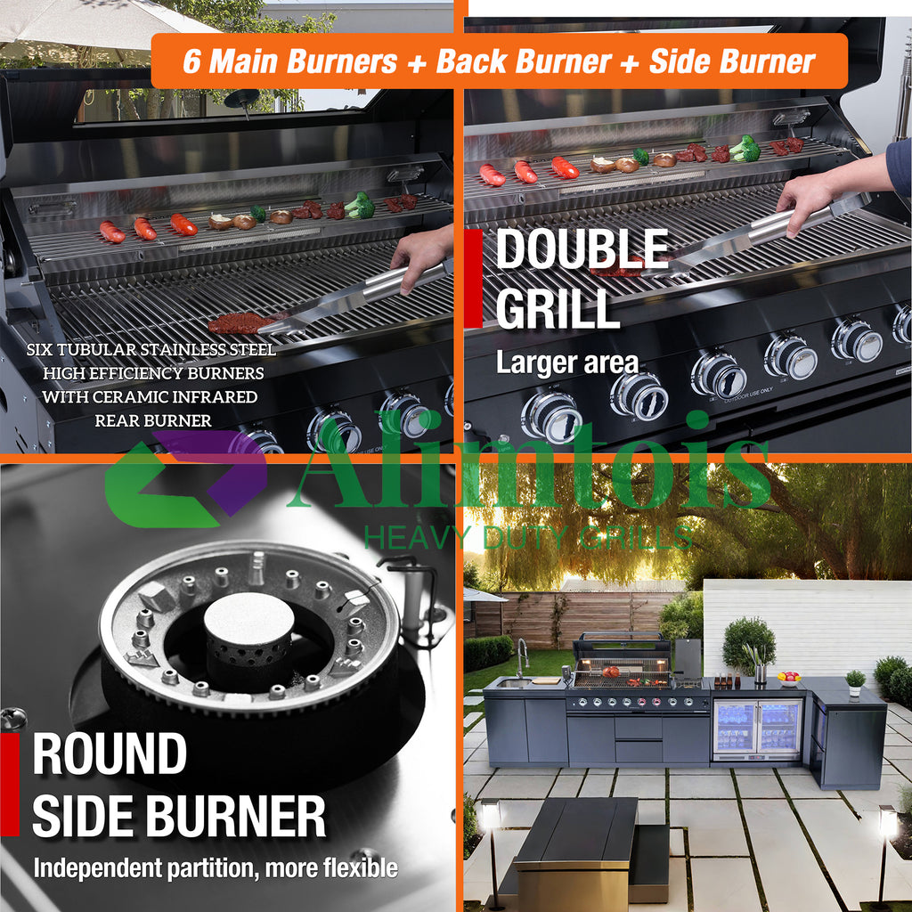 BBQ Grill Island Outdoor Kitchen: Luxury 160 Inch 6-Burner 96000 BTU Stainless Steel Built-in Propane Gas Barbecue Station with Wine Cooler Refrigerator, Rotisserie, Storage Cabinets, Drawers, Sink