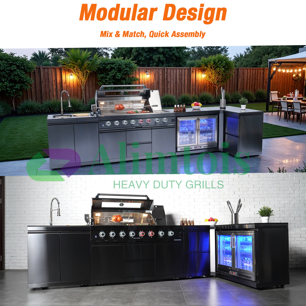 BBQ Grill Island Outdoor Kitchen: Luxury 160 Inch 6-Burner 96000 BTU Stainless Steel Built-in Propane Gas Barbecue Station with Wine Cooler Refrigerator, Rotisserie, Storage Cabinets, Drawers, Sink
