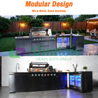 BBQ Grill Island Outdoor Kitchen: Luxury 160 Inch 6-Burner 96000 BTU Stainless Steel Built-in Propane Gas Barbecue Station with Wine Cooler Refrigerator, Rotisserie, Storage Cabinets, Drawers, Sink