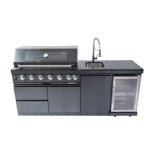 82-Inch 6-Burner 85000 BTU Deluxe Stainless Steel Gas BBQ Island Outdoor Kitchen with Wine Cooler, Rotisserie Kit, Granite Countertops & Stainless Steel Sink - Modular Outdoor Kitchen