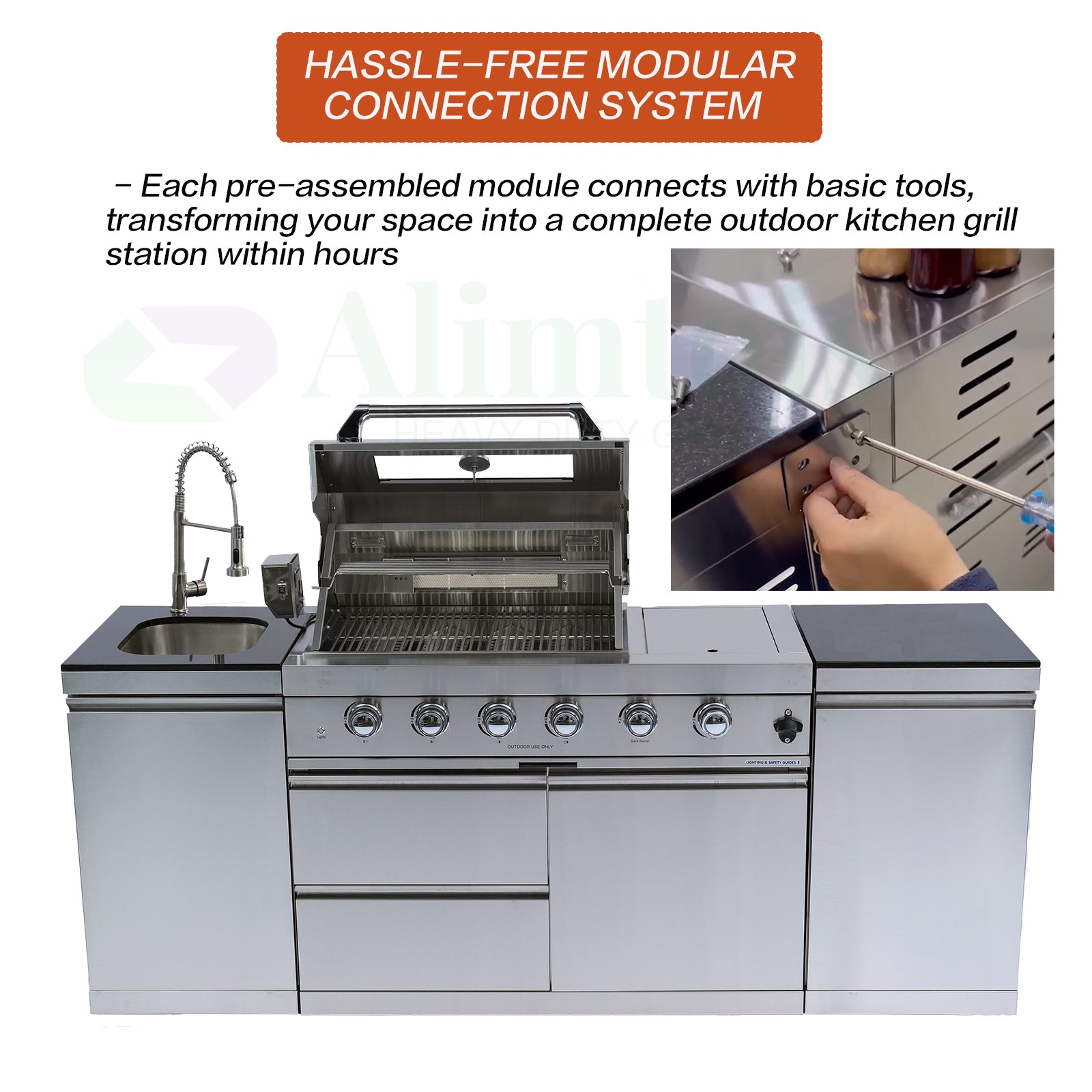 BBQ Island Outdoor Kitchen: 84-Inch 4-Burner 72000 BTU Modular Outdoor Kitchen with Grill + Sink + Storage Cabinet & Rotisserie Kit - BBQ Grill Islands Built-in Combo