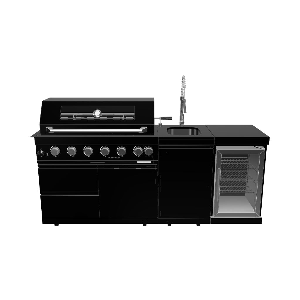 82-Inch 6-Burner 85000 BTU Deluxe Stainless Steel Gas BBQ Island Outdoor Kitchen with Wine Cooler, Rotisserie Kit, Granite Countertops & Stainless Steel Sink - Modular Outdoor Kitchen